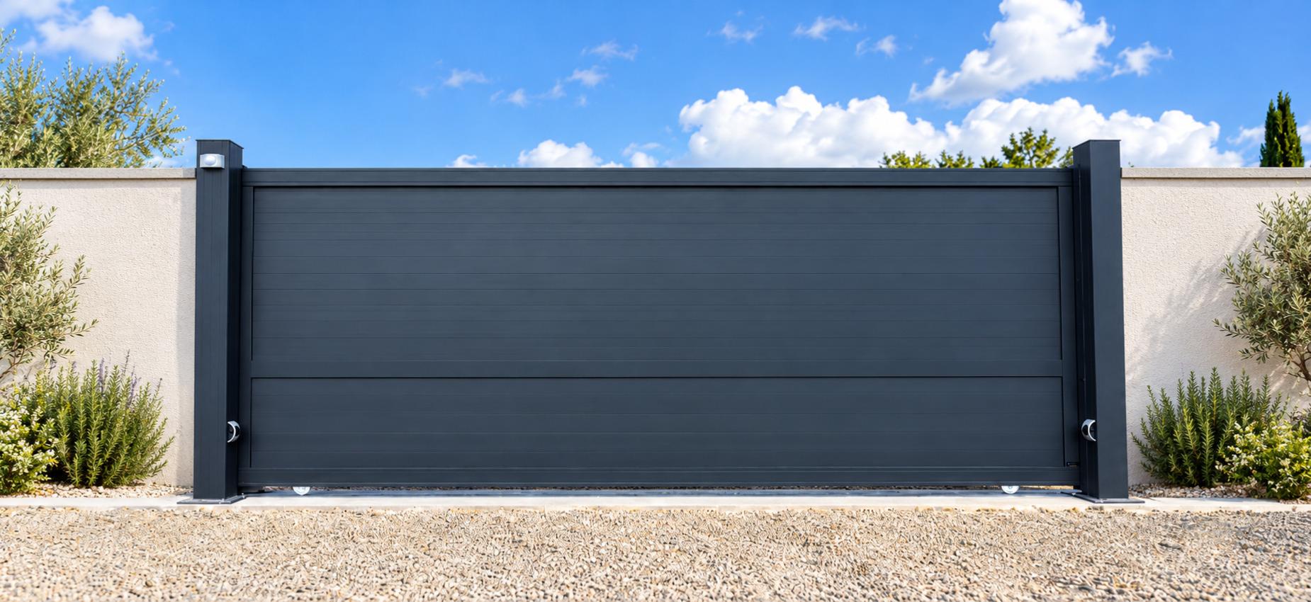 Portail coulissant plein en aluminium gris anthracite