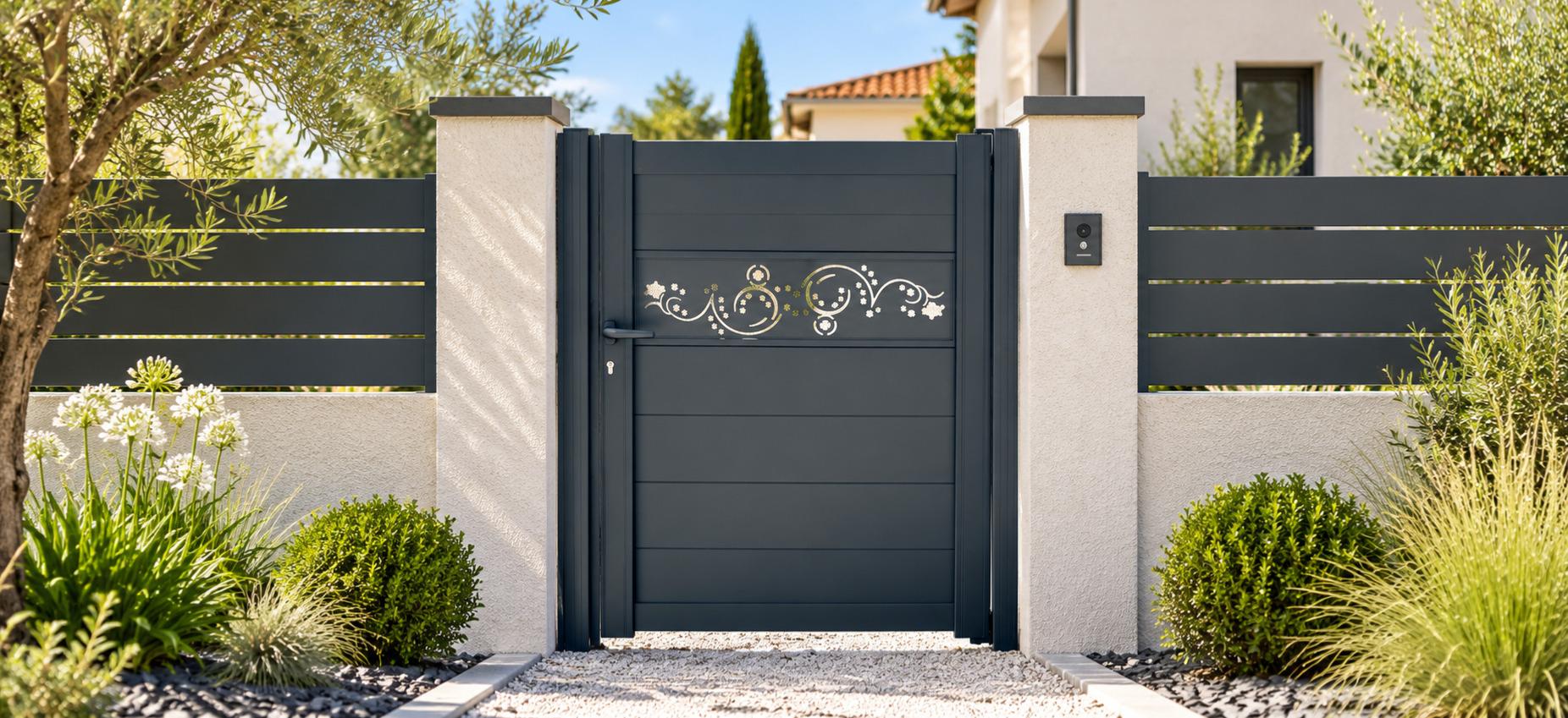 Portillon en aluminium anthracite avec motif décoratif